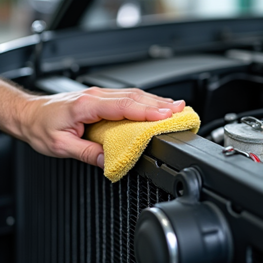 Bir teknisyenin, yumuşak bir bez kullanarak bir radyatörün dış yüzeyini temizlediği yakın çekim.