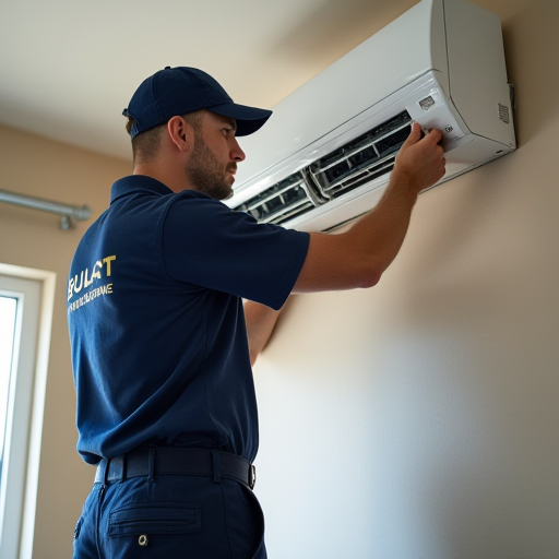 Bulat İklimlendirme'den bir teknisyen, bir klima ünitesi montajı yapıyor.