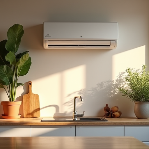 Sarıyer'deki bir villada, mutfakta temiz ve bakımlı bir klima ünitesi bulunmaktadır.