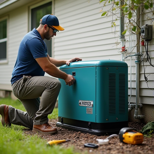 Profesyonel bir elektrikçi, yedek bir jeneratörün kurulumunu yapıyor.