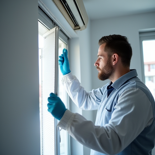 Bulat İklimlendirme'den bir teknisyen, bir klima filtresini temizliyor.