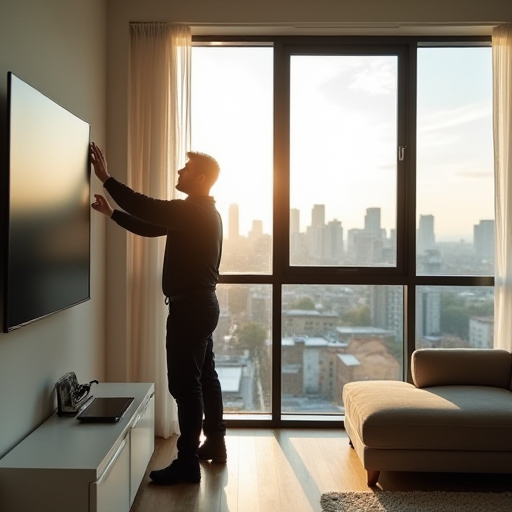 Modern bir oturma odasında, bir teknisyenin termostatı ayarlaması.