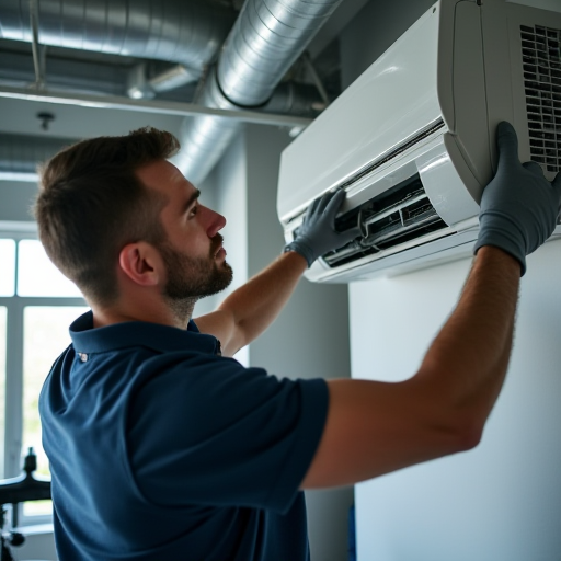 Bir spor salonu teknisyeni, bir klima ünitesinin bakımını yapıyor.