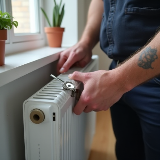 Bir teknisyen, bir radyatörü havasını alıyor.