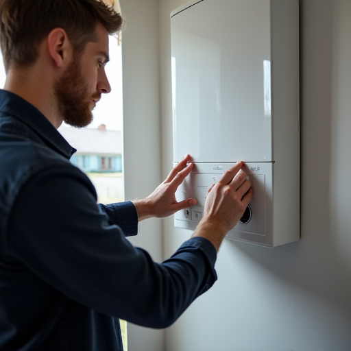 Profesyonel bir ısıtma, havalandırma ve iklimlendirme (HVAC) teknisyeni, kombi kazan ayarlarını yapmaktadır.