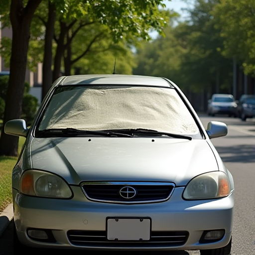 Gölgede park edilmiş araba, güneşlik takılı.