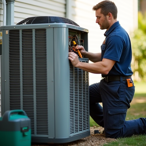 Bir HVAC teknisyeni, bir klima ünitesi üzerinde çalışıyor.