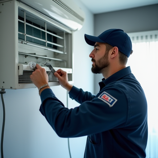 Bir Bulat İklimlendirme teknisyeni, bir klima ünitesi üzerinde çalışıyor.