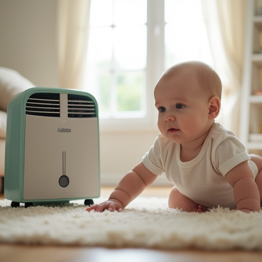 Bir bebek, nem alma cihazı ve klima bulunan bir odada oynuyor.