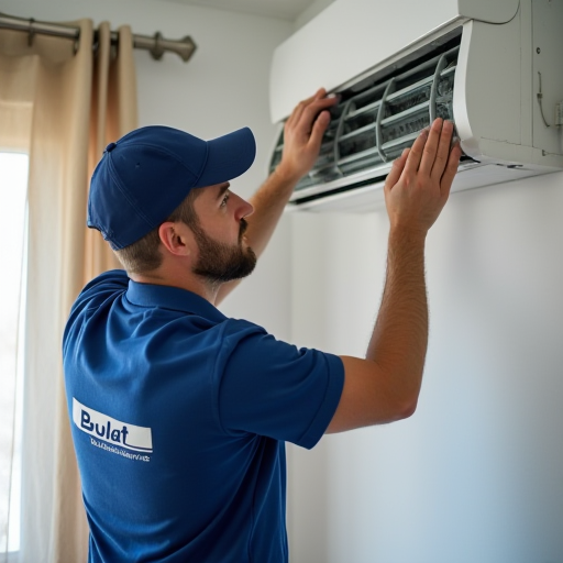 Bulat İklimlendirme'den bir teknisyen, bir klima ünitesinin bakımını yapıyor.