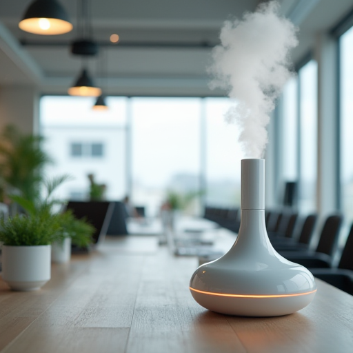 Stratejik olarak yerleştirilmiş difüzörlere ve hava kalitesi izleme cihazlarına sahip ofis.