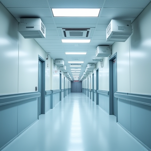 Hastanenin koridoru, hava kalitesi sensörleri ve havalandırma kanalları ile.