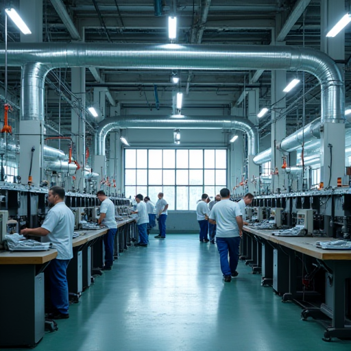 Bakımlı bir endüstriyel havalandırma sistemine sahip, fabrika hali.