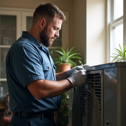 Bir teknik personelin merkezi klima ünitesi üzerinde çalıştığı.