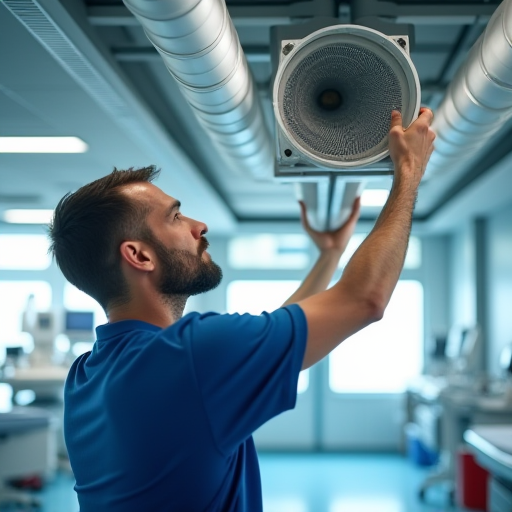 Bir teknisyen, bir hastanenin havalandırma sistemini kontrol ediyor.