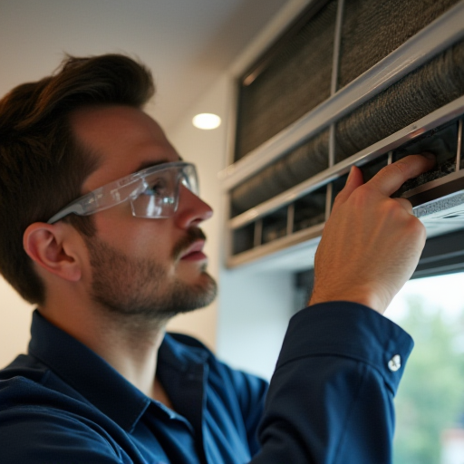Bir restoran içinde, bir bakım teknisyeni klima filtresini değiştiriyor.