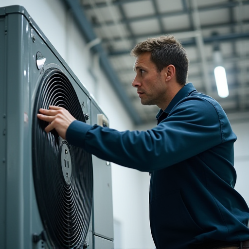 Profesyonel bir teknisyen, bir depoda bulunan bir klima ünitesinin bakımını yapıyor.