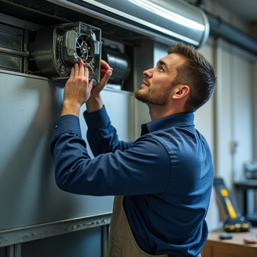 Profesyonel bir HVAC teknisyeni, bir havalandırma sistemindeki bir fanı tamir ediyor.