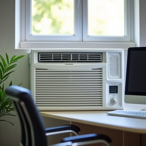 Küçük bir ofiste bulunan pencere tipi klima ünitesi.