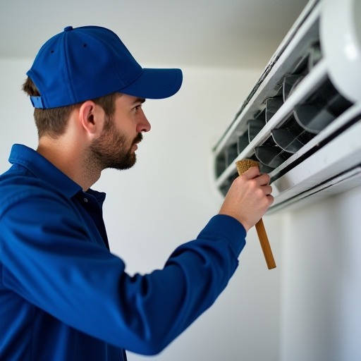 Bir teknisyen, bir klima ünitesinin filtresini temizliyor.