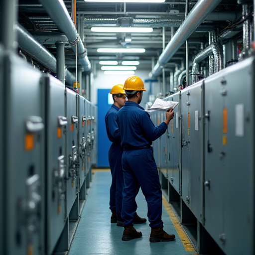 Bakım ekibi, endüstriyel iklimlendirme sistemleri üzerinde çalışıyor.