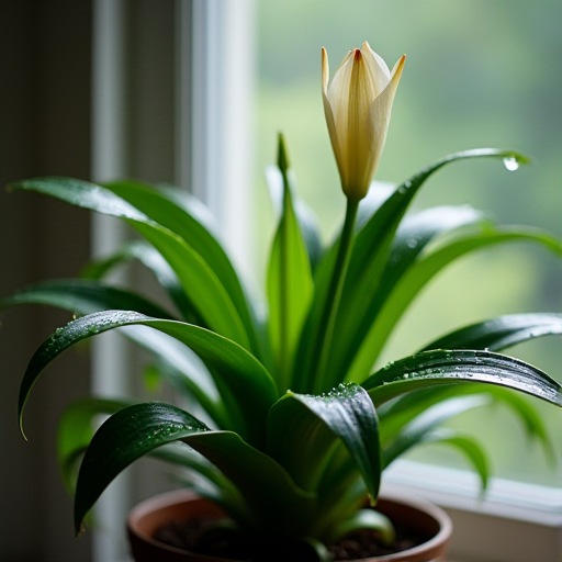 Su damlacıklarıyla kaplı bir barış zambağı bitkisi.