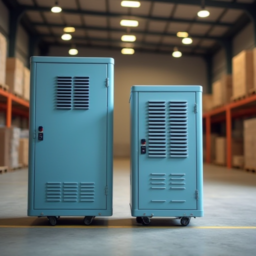 Geniş bir depoda nem kontrol cihazları.