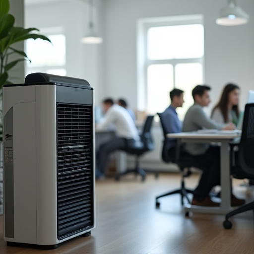 Nemlendirici cihazın çalıştığı, optimum nem seviyesini koruyan bir ofis.