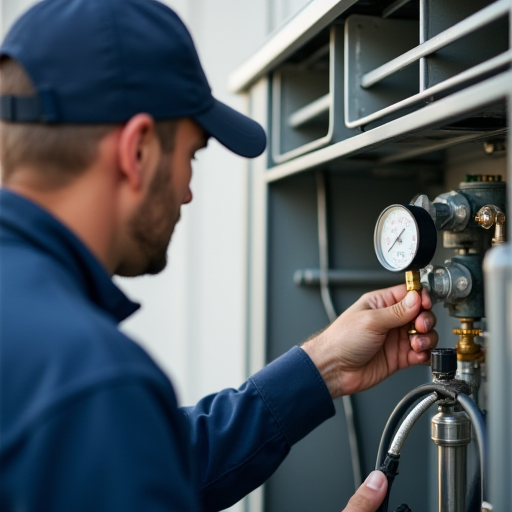 HVAC teknisyeni, soğutucu akışkan seviyelerini kontrol ediyor.