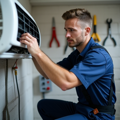 Bir teknisyen, bir klima ünitesi üzerinde çalışıyor.