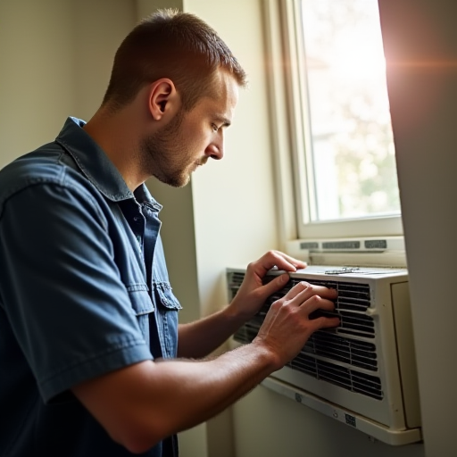 Bir teknisyen, bir evdeki klima cihazının soğutma serpantinlerini temizliyor.