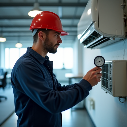 Bir teknisyen, bir klima cihazındaki soğutucu madde seviyelerini kontrol ediyor.