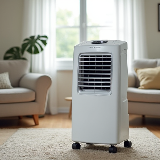 Oturma odasında bulunan taşınabilir klima ünitesi.