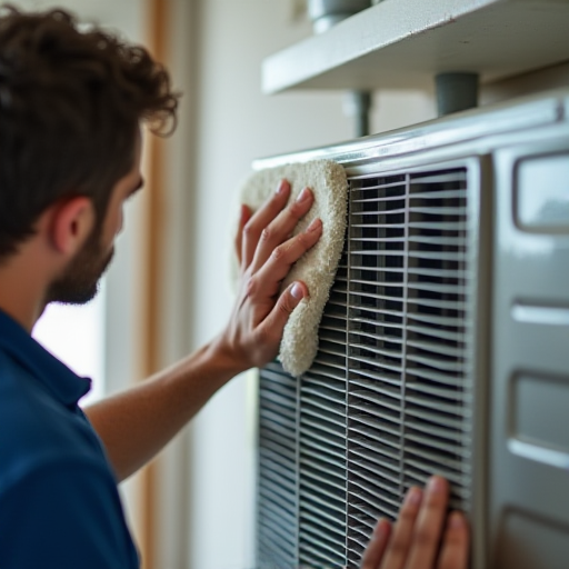 Bir teknisyen, bir klima cihazının evaporatör bobinini temizliyor.