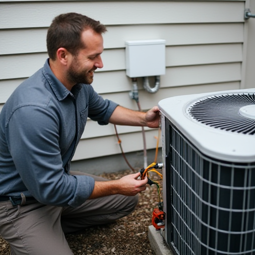HVAC teknisyeni, dış ve iç üniteleri birbirine bağlıyor.