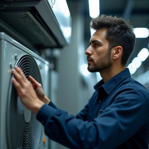 Bulat İklimlendirme'den bir teknisyen, bir klima ünitesini kontrol ediyor.