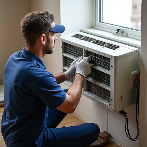 Bulat İklimlendirme'de çalışan profesyonel bir teknisyen, bir klima cihazı üzerinde çalışıyor.