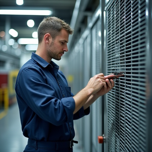 Bir teknisyen, bir iklim kontrol ünitesinin bakımını yapıyor.