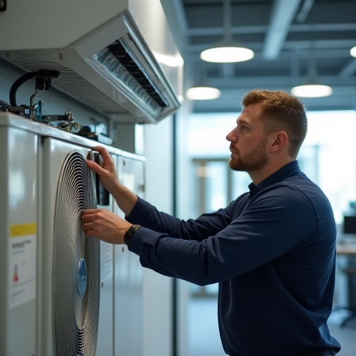 Teknisyen, klima ünitesine aşırı gerilim koruyucu takıyor.