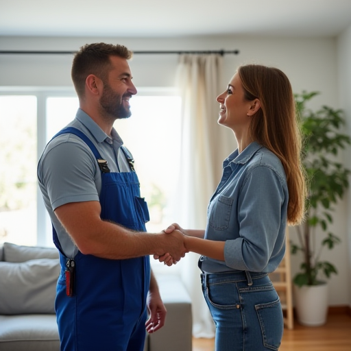 Bir teknisyen, klima servisini tamamladıktan sonra ev sahibiyle el sıkışırken gülümsüyor.