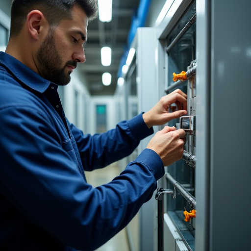 VRF sisteminde soğutucu akışkan seviyelerini kontrol eden teknisyen.