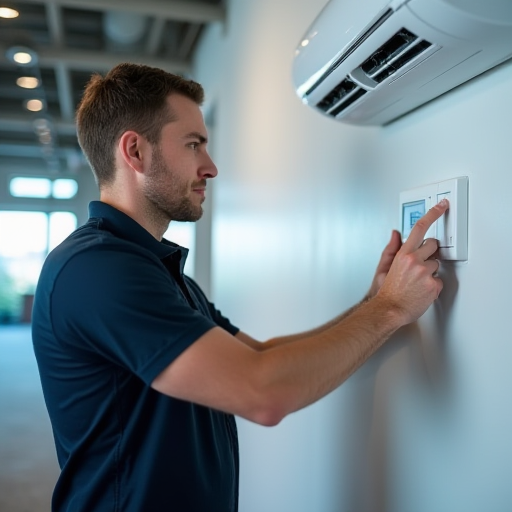 Bir teknisyen, bir hava perdesinin termostatını ve ayarlarını ayarlıyor.
